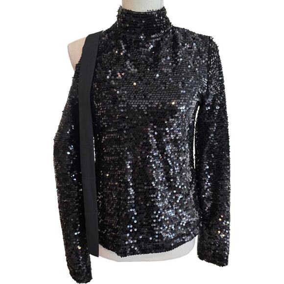 Black Long Sleeve Sequin Asymmetrical Ribbon Top Sz Small - Picture 1 of 7